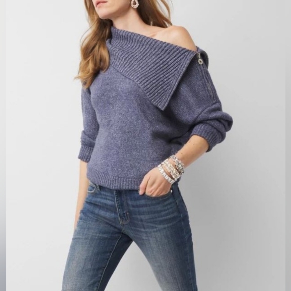 White House Black Market Women's Zip Neck Dolman Sleeve Blue Metallic Sweater L
